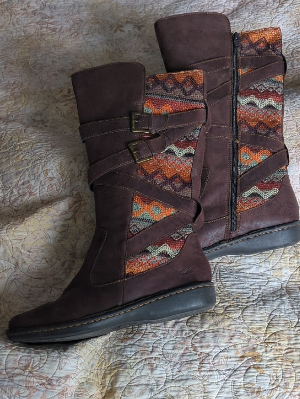 B.O.C. Brown/Tapestry Zip-Up Mid-Calf Boots with Buckle Strap - Picture 3 of 7